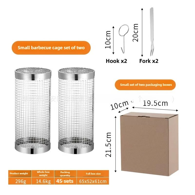 304 Stainless Steel Rolling Grill Basket for Vegetables, Fish and Fries, 20cm or 30cm - 2pcs S Grill Cage
