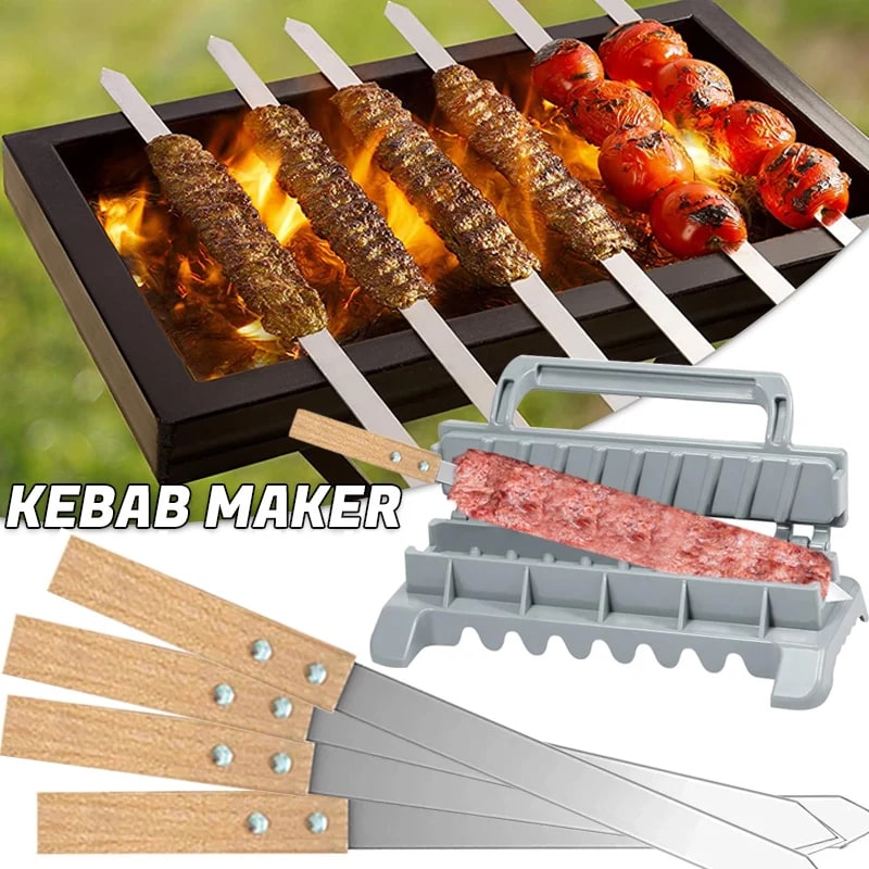 Kebab Maker with Flat Stainless Steel BBQ Skewers, 16 Inch, 2mm, 2/6/12 Piece Options