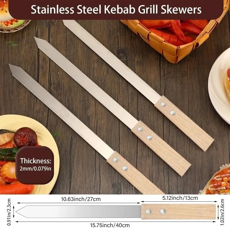 Kebab Maker with Flat Stainless Steel BBQ Skewers, 16 Inch, 2mm, 2/6/12 Piece Options