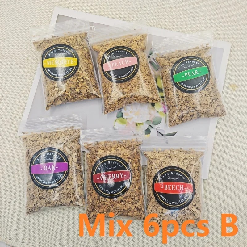 Wood Smoking Chips for Barbecue Meat Smoking, 50g Bags, Apple, Oak, Cherry & More - mix 6pcs B