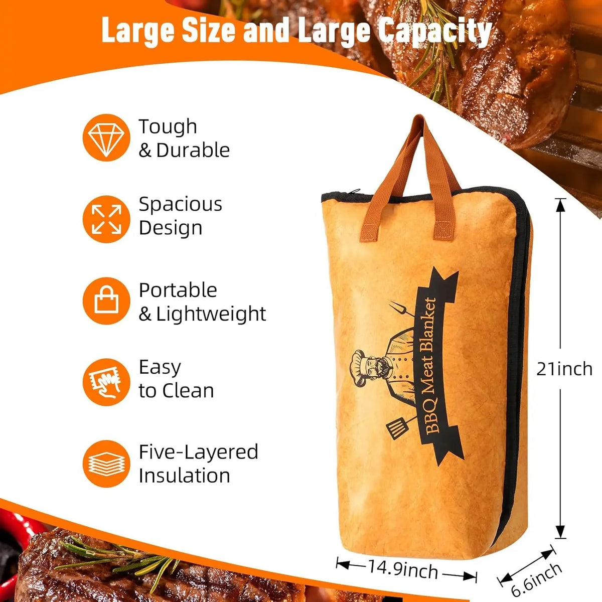 Insulated BBQ Meat Resting Bag, Tyvek and Aluminium Foil, 14.9in or 21in - 21in