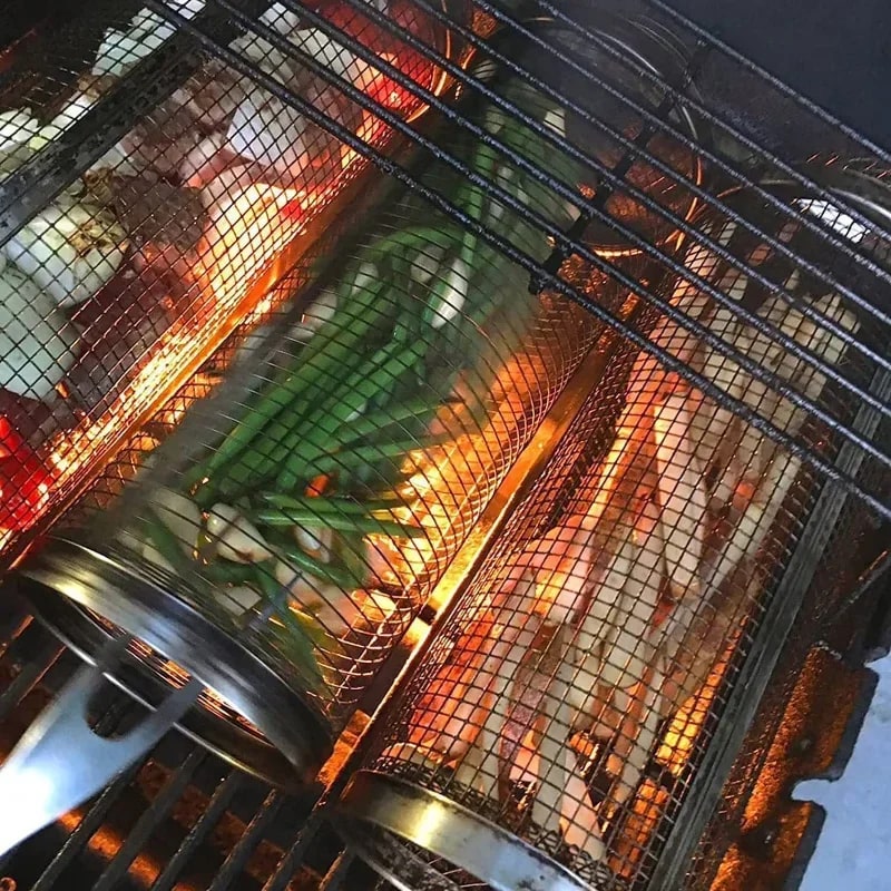 Rolling BBQ Grill Basket Set, Iron Mesh Cylindrical Basket, 20/30 x 9cm Options