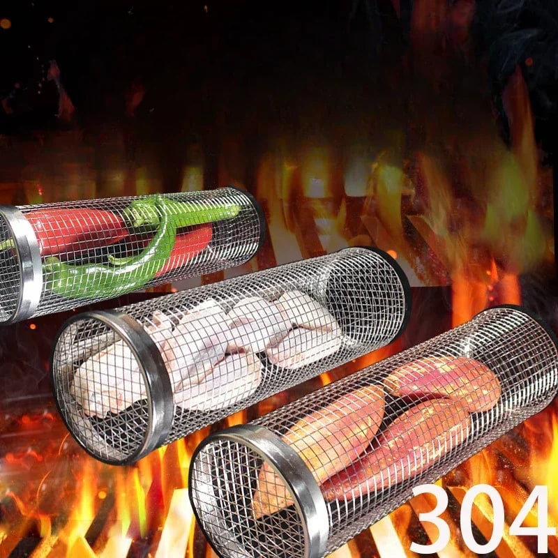 Rolling BBQ Grill Basket Set, Iron Mesh Cylindrical Basket, 20/30 x 9cm Options