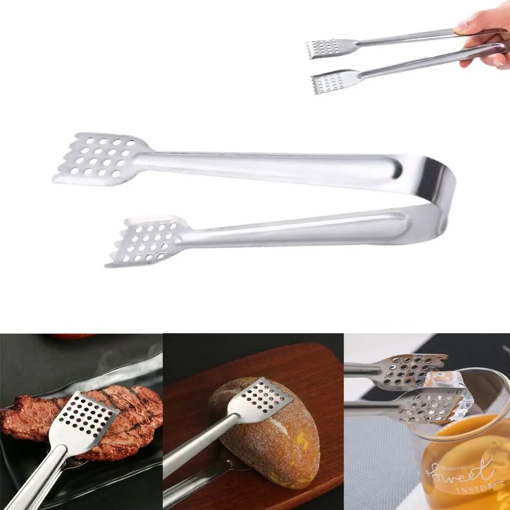 Stainless Steel BBQ Food Tongs with Perforated Serving Ends, S, M or L