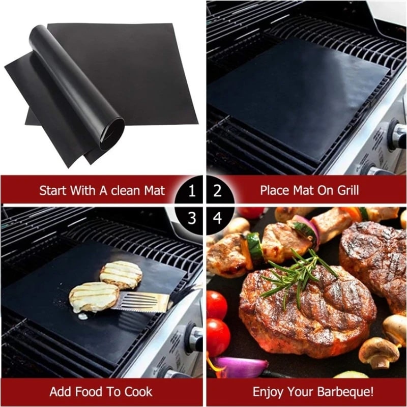 PTFE BBQ Grill Mat 40 x 33cm Reusable Non-Stick Barbecue Cooking Mat, Black