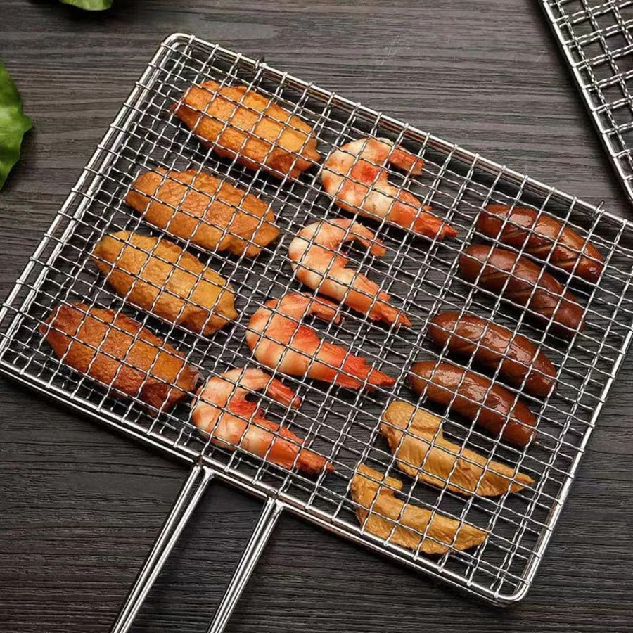 Iron BBQ Grilling Basket with Mesh Clamp, Silver, 3 Size Options