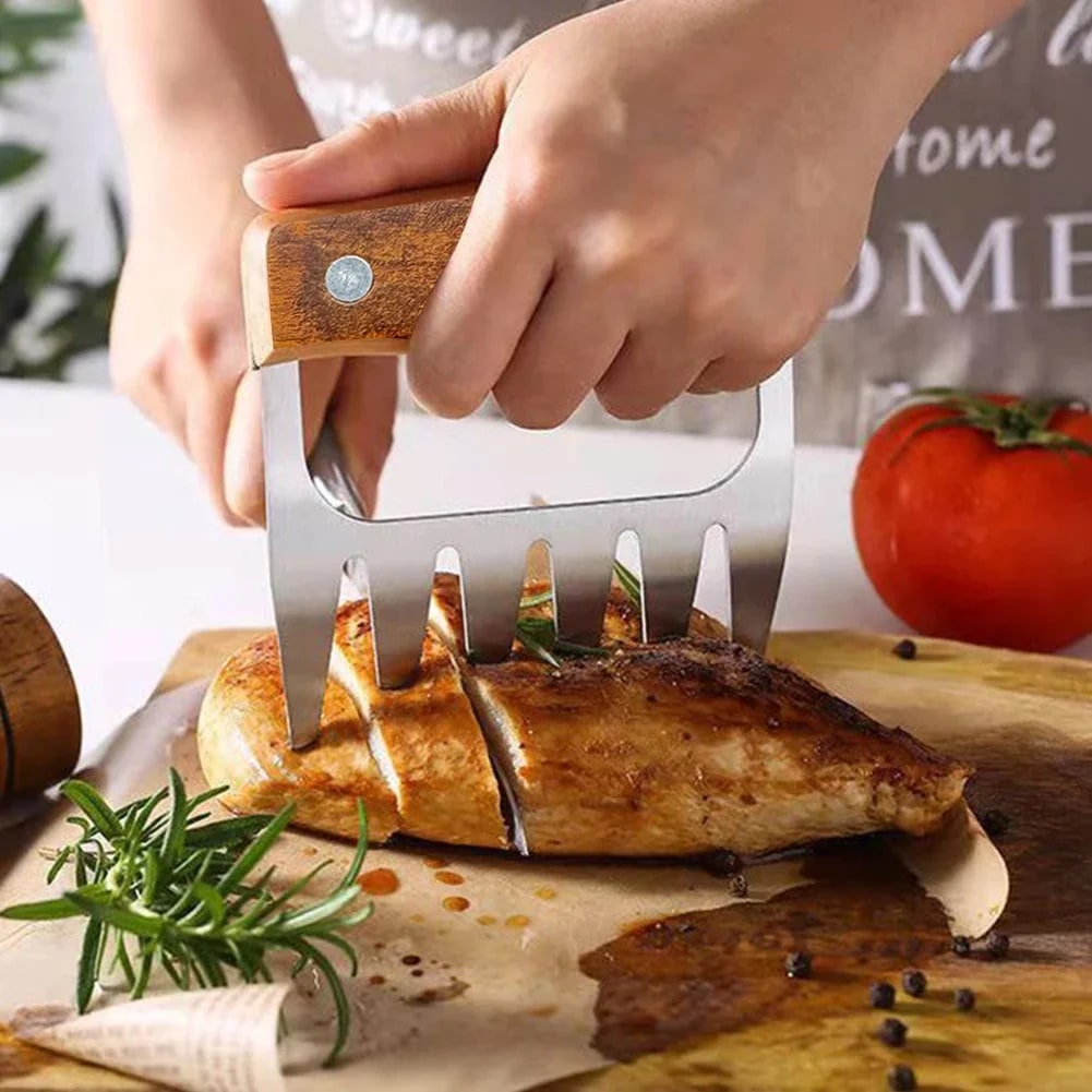 Stainless Steel BBQ Meat Shredding Fork with Wooden Handle, 12 x 11 cm