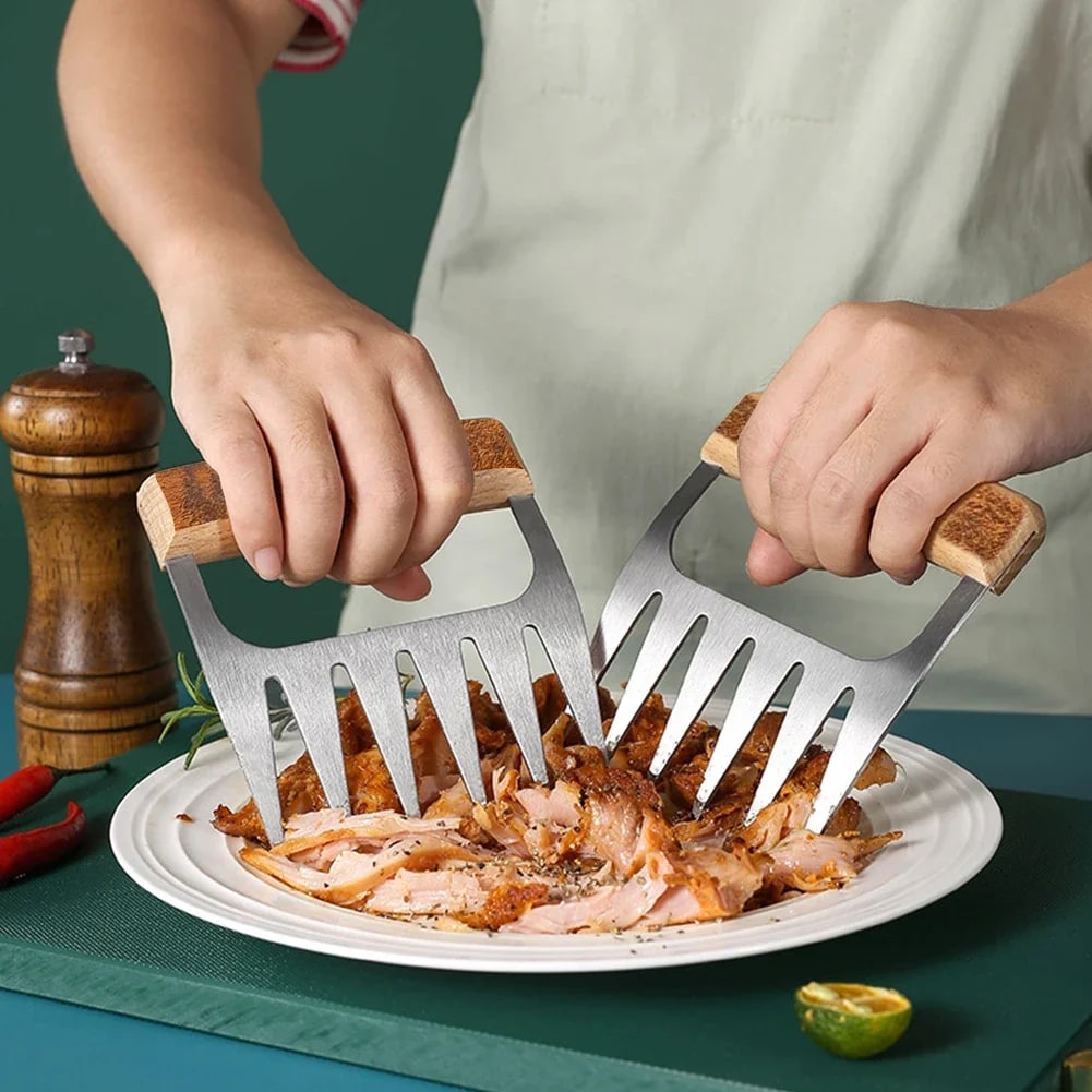 Stainless Steel BBQ Meat Shredding Fork with Wooden Handle, 12 x 11 cm