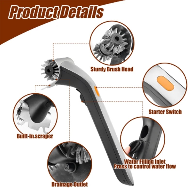 Electric Grill Brush with Steam Cleaning, Motorised Steel Brushes and Scraper, Silver & Black
