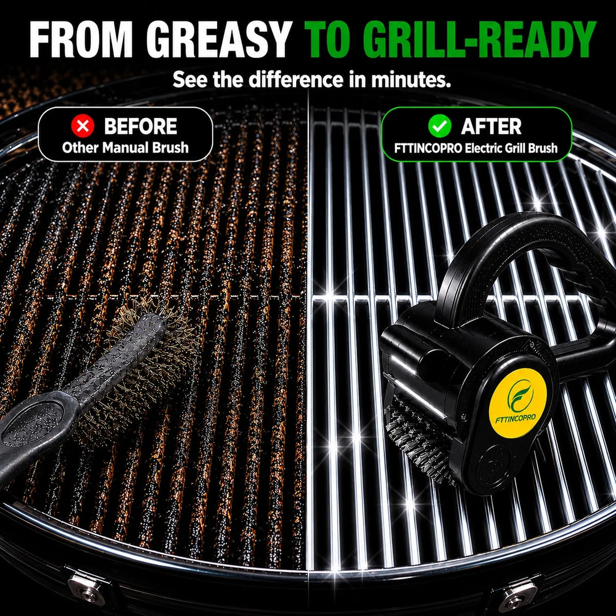 FTTINCOPRO Cordless Electric Grill Brush with LED Light, 4400mAh USB Rechargeable, Black
