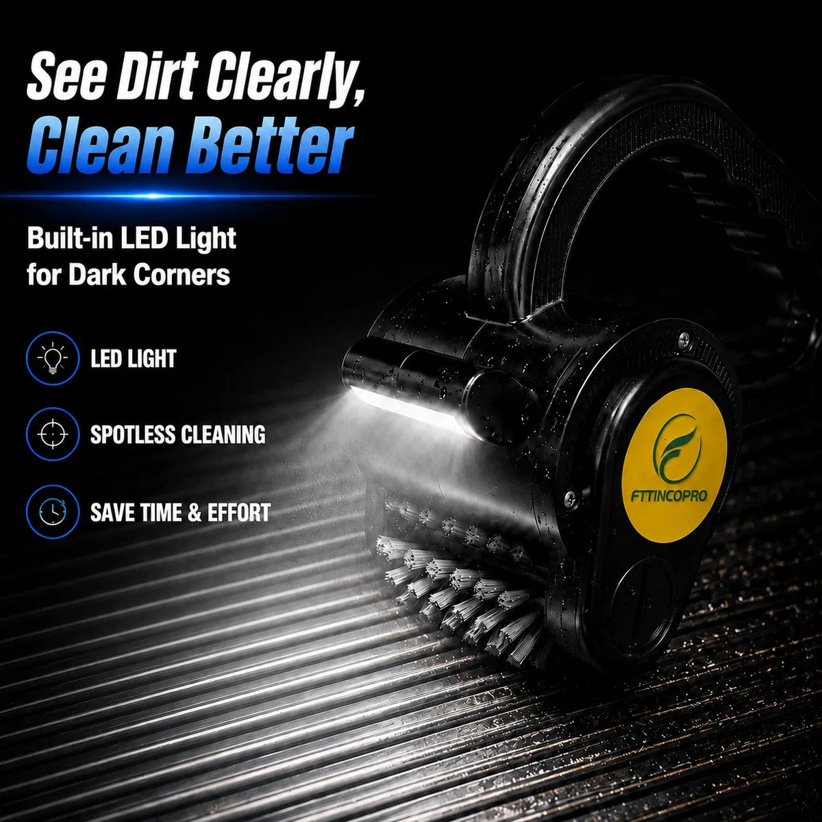 FTTINCOPRO Cordless Electric Grill Brush with LED Light, 4400mAh USB Rechargeable, Black