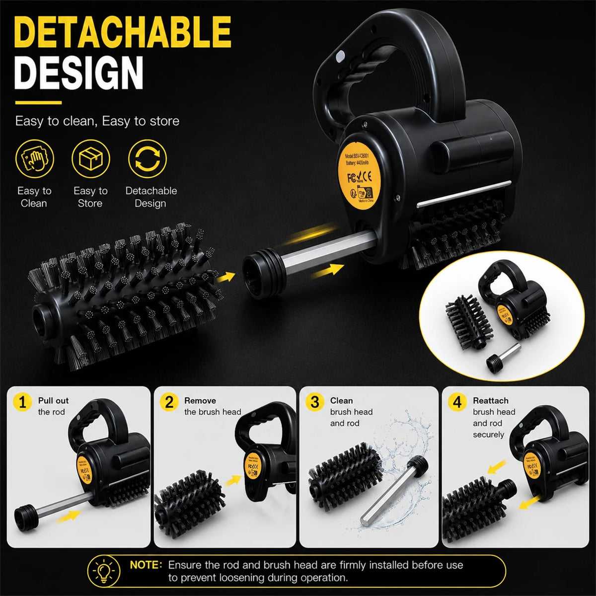 FTTINCOPRO Cordless Electric Grill Brush with LED Light, 4400mAh USB Rechargeable, Black