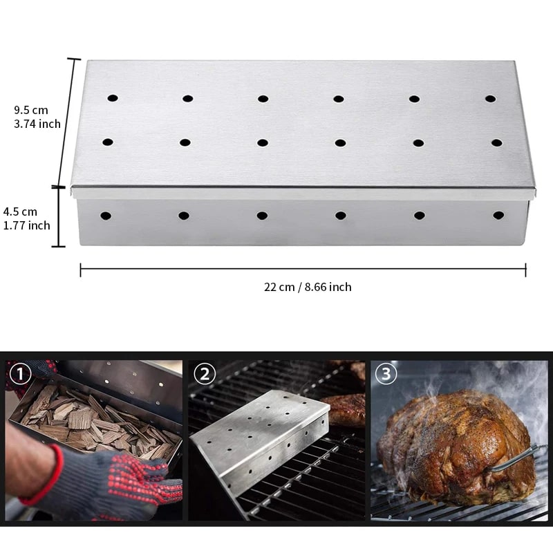 Stainless Steel Smoker Box for Gas and Charcoal BBQ Grills, 22 x 9.5 x 4.5 cm