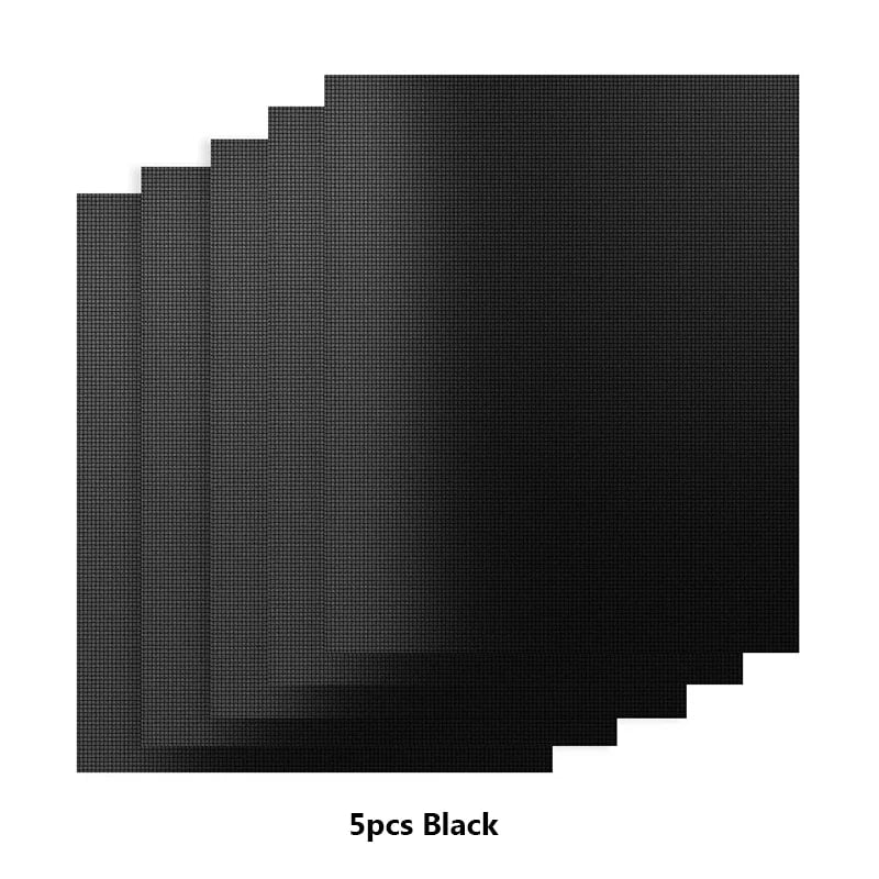 Reusable Non-Stick BBQ Grill Mat 40 x 33cm Fabric Cooking Sheet, 3 or 5 Pack - 5pcs Black