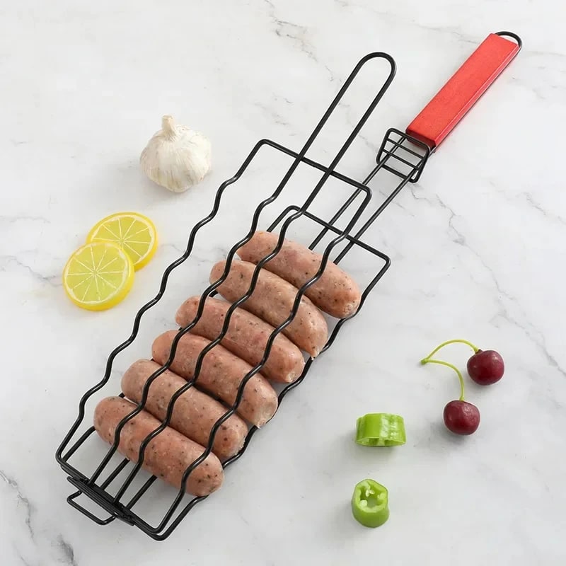 Barbecue Grill Basket Tongs with Wooden Handle, Metal Meat & Vegetable Rack 48.5cm