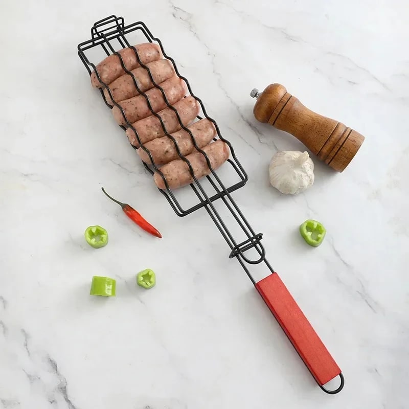 Barbecue Grill Basket Tongs with Wooden Handle, Metal Meat & Vegetable Rack 48.5cm