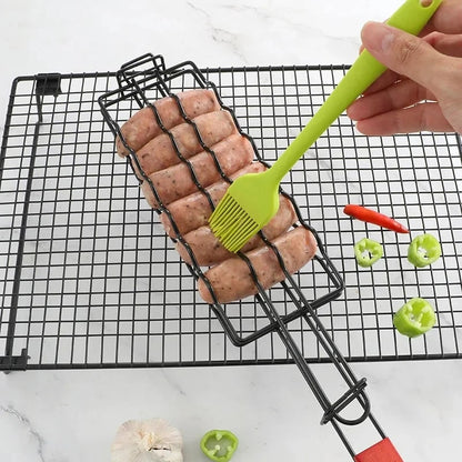 Barbecue Grill Basket Tongs with Wooden Handle, Metal Meat & Vegetable Rack 48.5cm