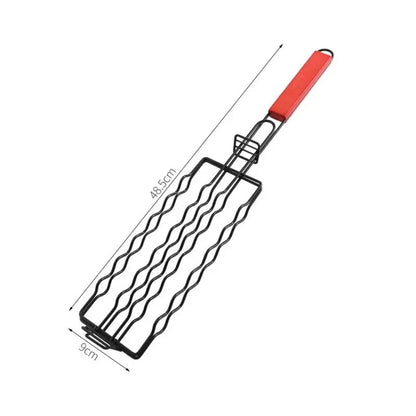 Barbecue Grill Basket Tongs with Wooden Handle, Metal Meat & Vegetable Rack 48.5cm