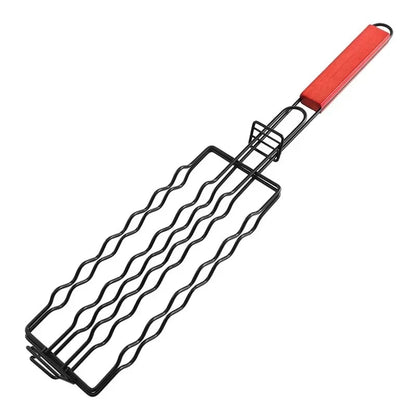 Barbecue Grill Basket Tongs with Wooden Handle, Metal Meat & Vegetable Rack 48.5cm