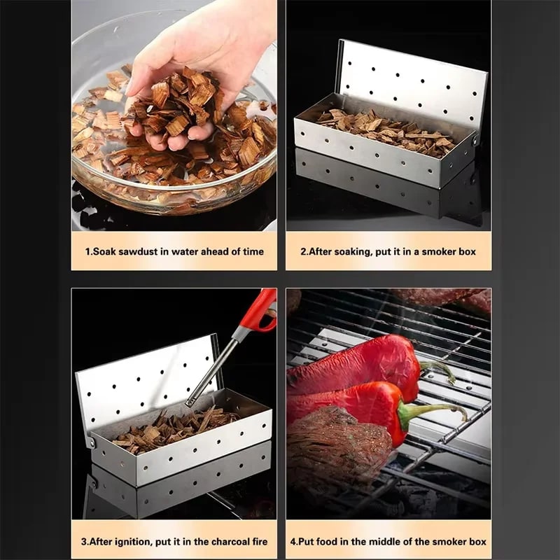 Stainless Steel BBQ Smoker Box with Hinged Lid, 22 x 9 x 4 cm