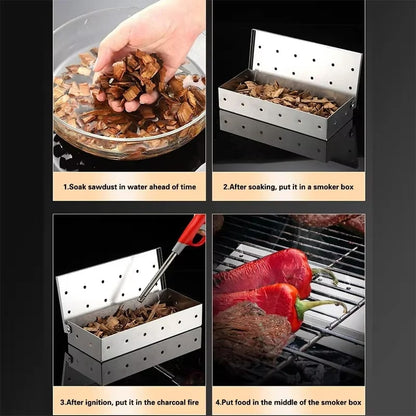 Stainless Steel BBQ Smoker Box with Hinged Lid, 22 x 9 x 4 cm