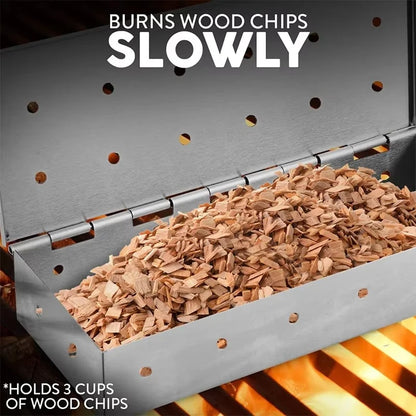 Stainless Steel BBQ Smoker Box with Hinged Lid, 22 x 9 x 4 cm