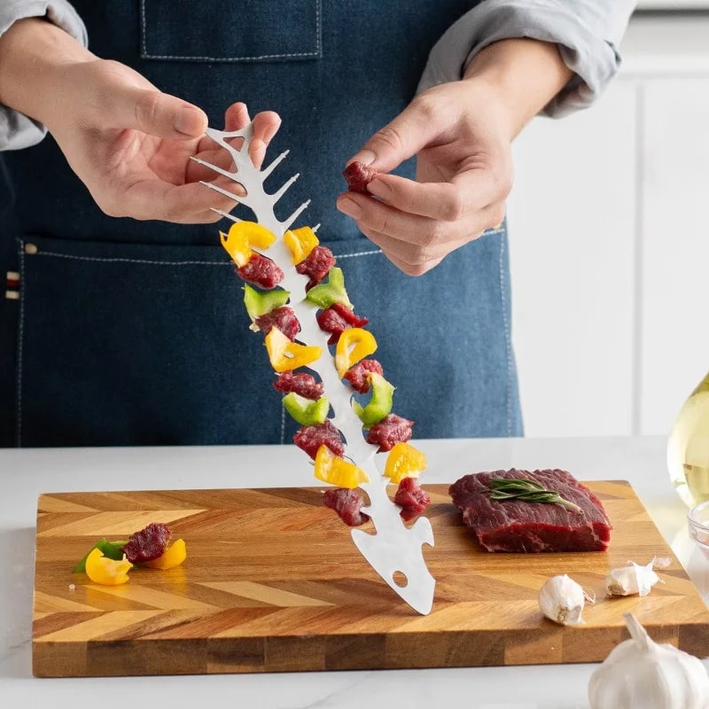 Fish Bone Shape Stainless Steel BBQ Skewer, 30 x 6cm Reusable Roasting Fork