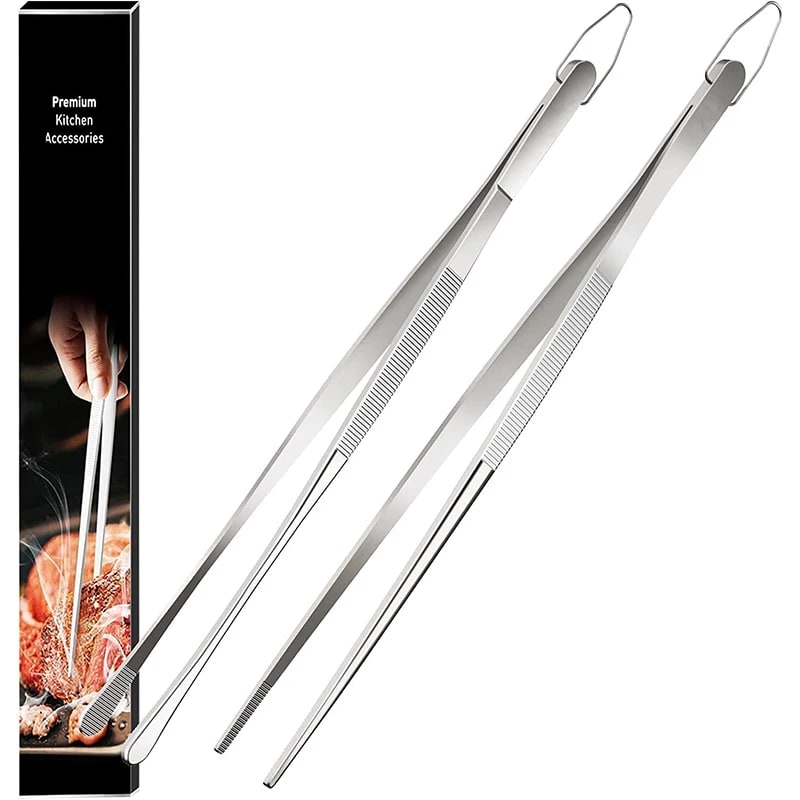 Stainless Steel Kitchen Tweezers Tongs for BBQ and Cooking, 10 or 12 Inch, 2-Piece Set