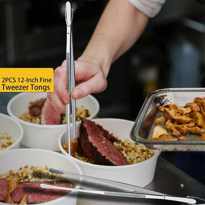 Stainless Steel Kitchen Tweezers Tongs for BBQ and Cooking, 10 or 12 Inch, 2-Piece Set