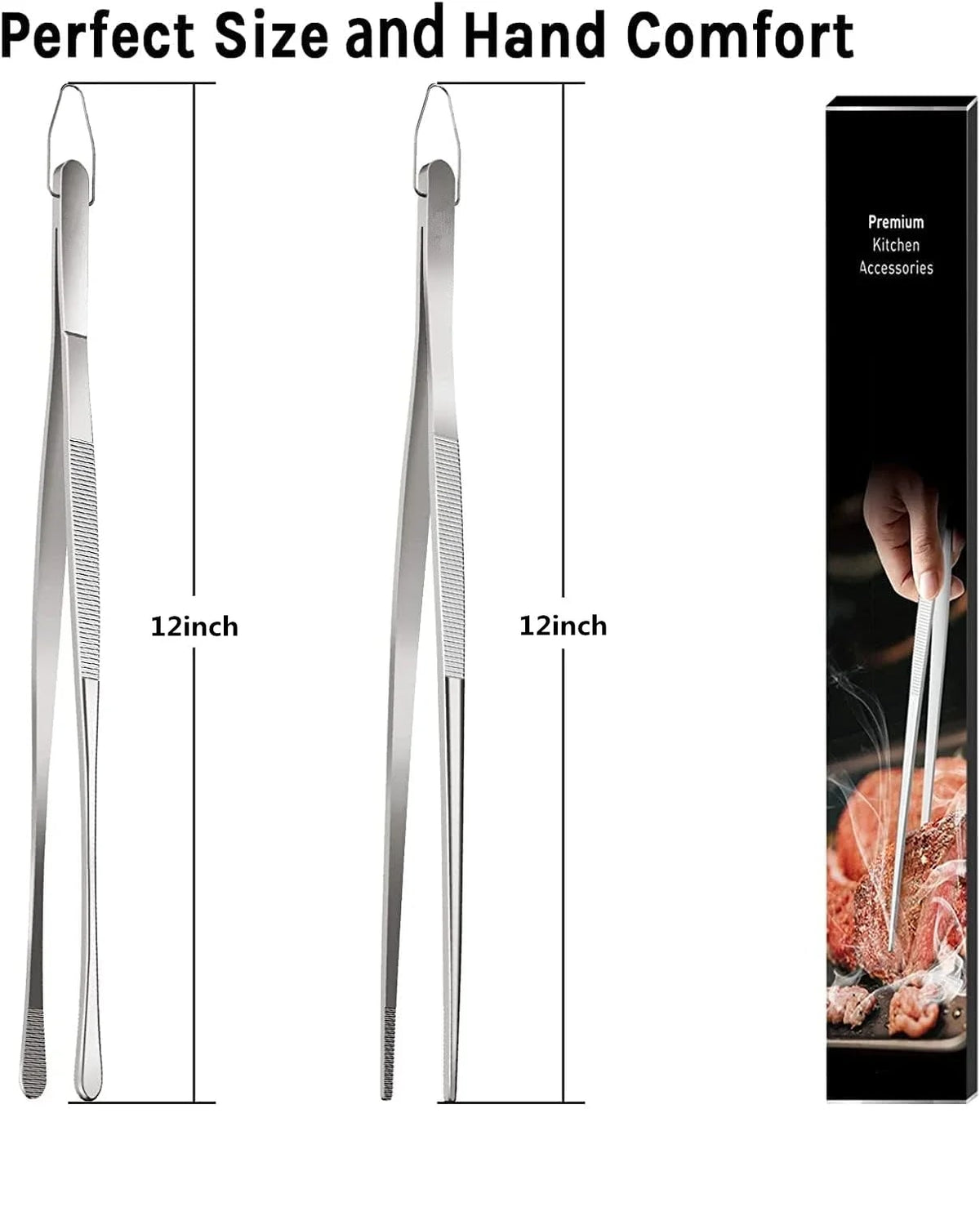Stainless Steel Kitchen Tweezers Tongs for BBQ and Cooking, 10 or 12 Inch, 2-Piece Set - 12inch