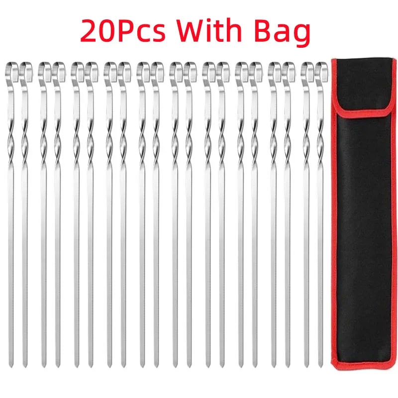 Stainless Steel BBQ Skewers with Storage Bag, 390mm, 6/10/12/20 Piece Options - 20Pcs With Bag