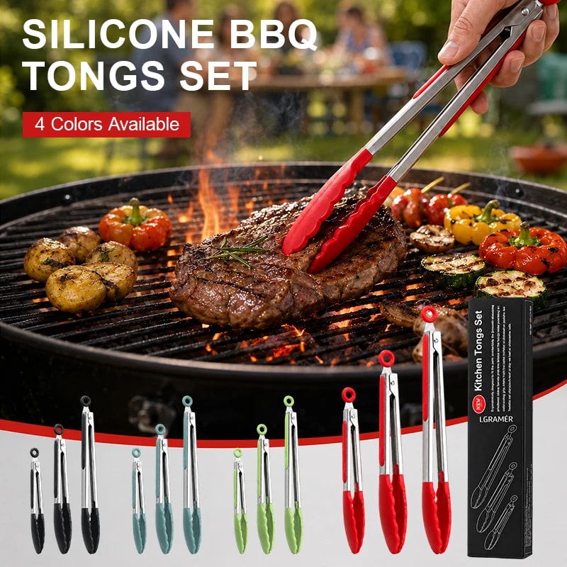 Silicone Kitchen Tongs Set, 7, 9 and 12 Inch Sizes, Stainless Steel Body