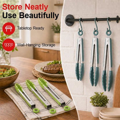 Silicone Kitchen Tongs Set, 7, 9 and 12 Inch Sizes, Stainless Steel Body