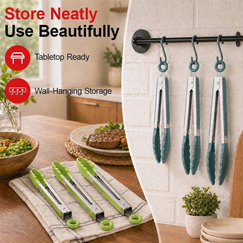 Silicone Kitchen Tongs Set, 7, 9 and 12 Inch Sizes, Stainless Steel Body
