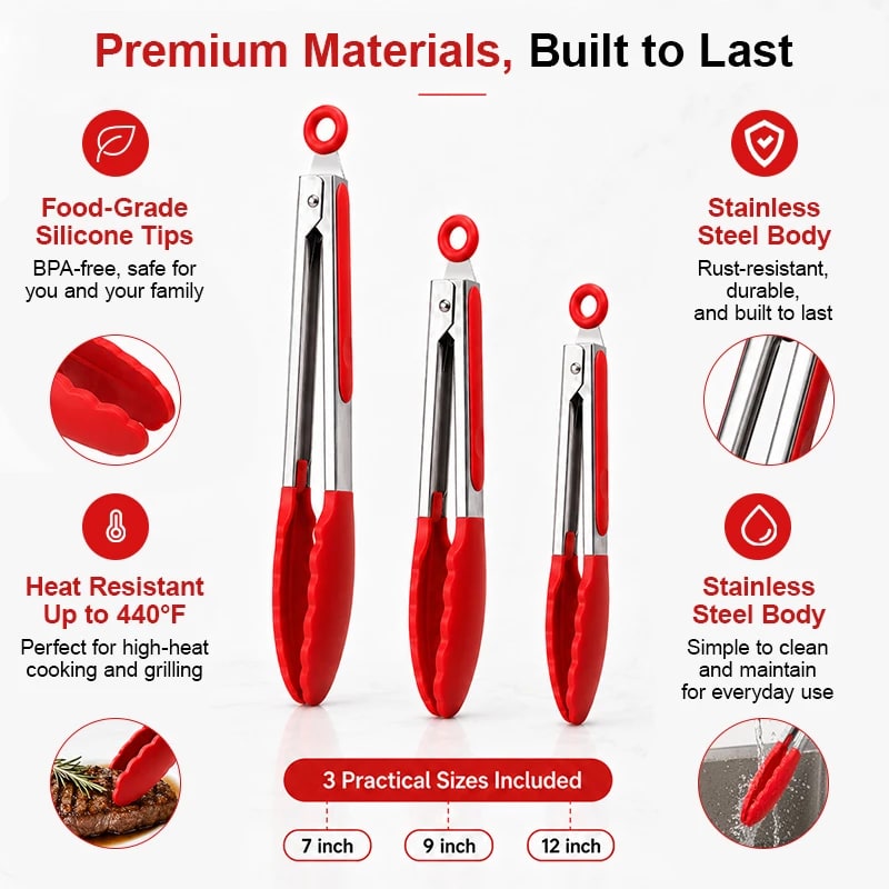 Silicone Kitchen Tongs Set, 7, 9 and 12 Inch Sizes, Stainless Steel Body