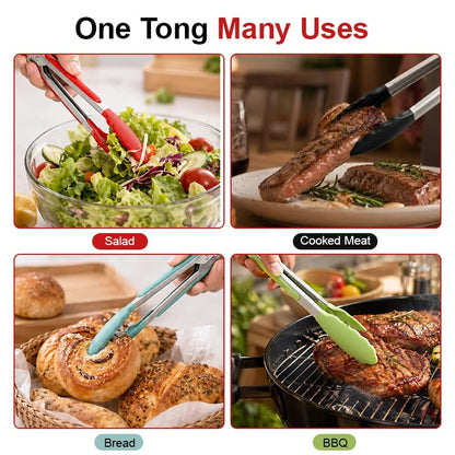 Silicone Kitchen Tongs Set, 7, 9 and 12 Inch Sizes, Stainless Steel Body