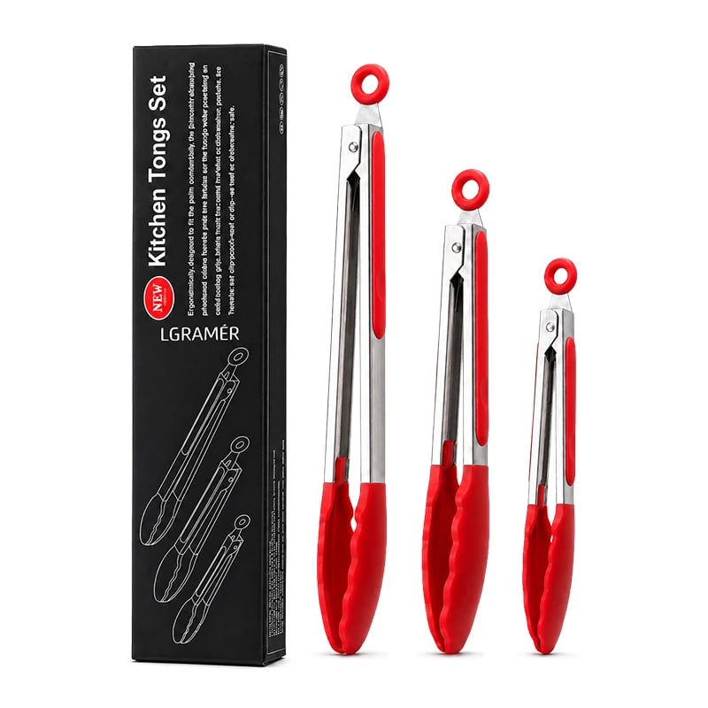 Silicone Kitchen Tongs Set, 7, 9 and 12 Inch Sizes, Stainless Steel Body - Red