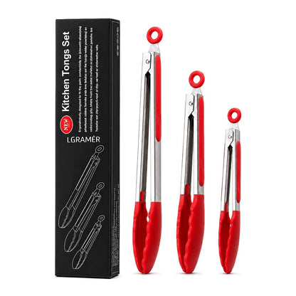 Silicone Kitchen Tongs Set, 7, 9 and 12 Inch Sizes, Stainless Steel Body - Red