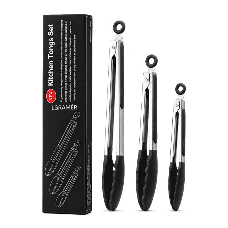 Silicone Kitchen Tongs Set, 7, 9 and 12 Inch Sizes, Stainless Steel Body - Black