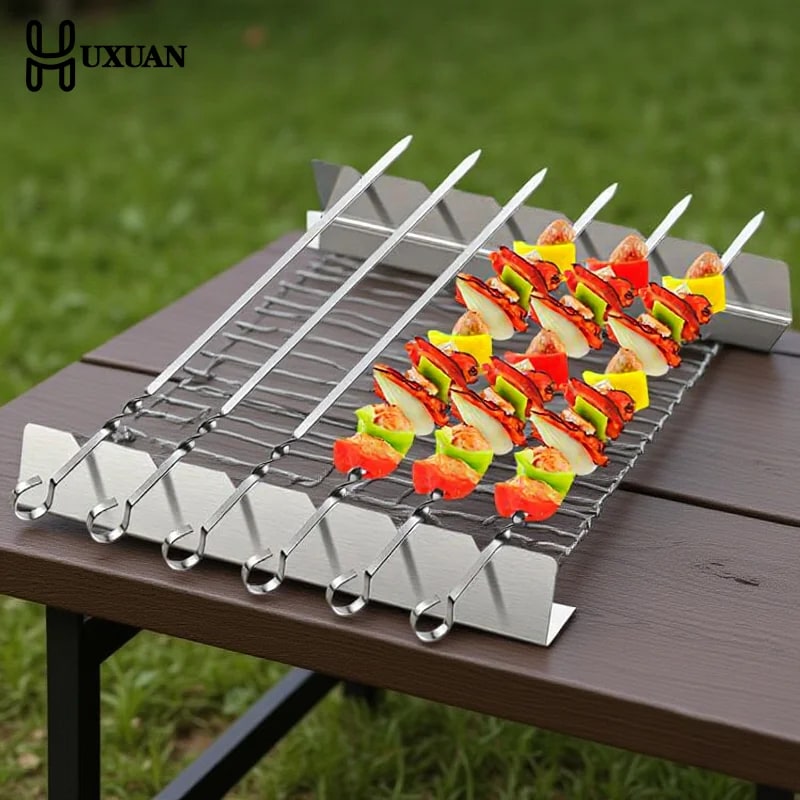 HUXUAN Stainless Steel BBQ Skewer Rack Pair, 30 x 4.5 x 3 cm