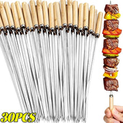 Stainless Steel BBQ Skewers with Natural Wood Handles, 40cm, 10/20/30 Pack