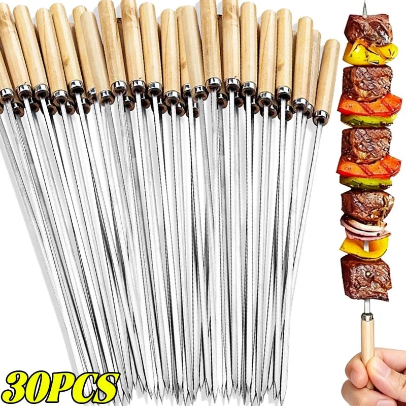 Stainless Steel BBQ Skewers with Natural Wood Handles, 40cm, 10/20/30 Pack