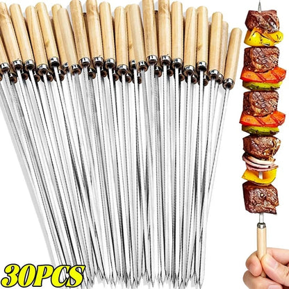 Stainless Steel BBQ Skewers with Natural Wood Handles, 40cm, 10/20/30 Pack