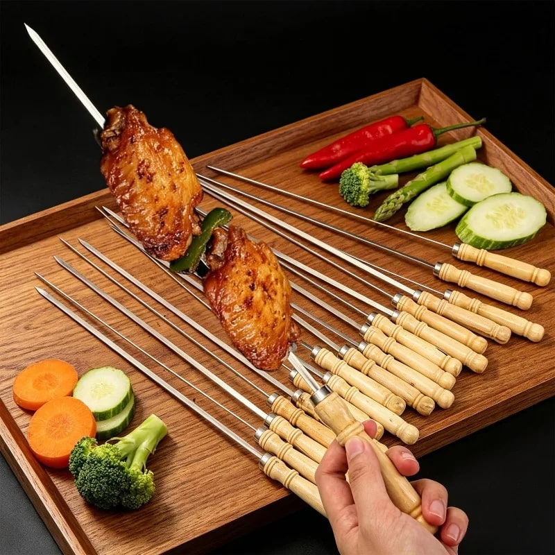 Stainless Steel BBQ Skewers with Natural Wood Handles, 40cm, 10/20/30 Pack