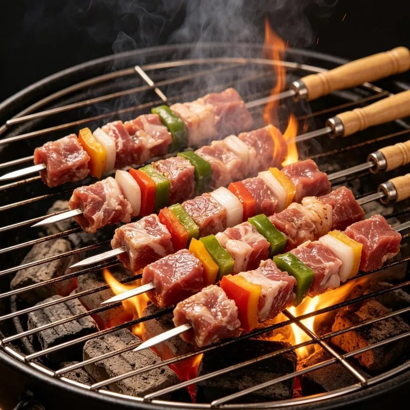 Stainless Steel BBQ Skewers with Natural Wood Handles, 40cm, 10/20/30 Pack