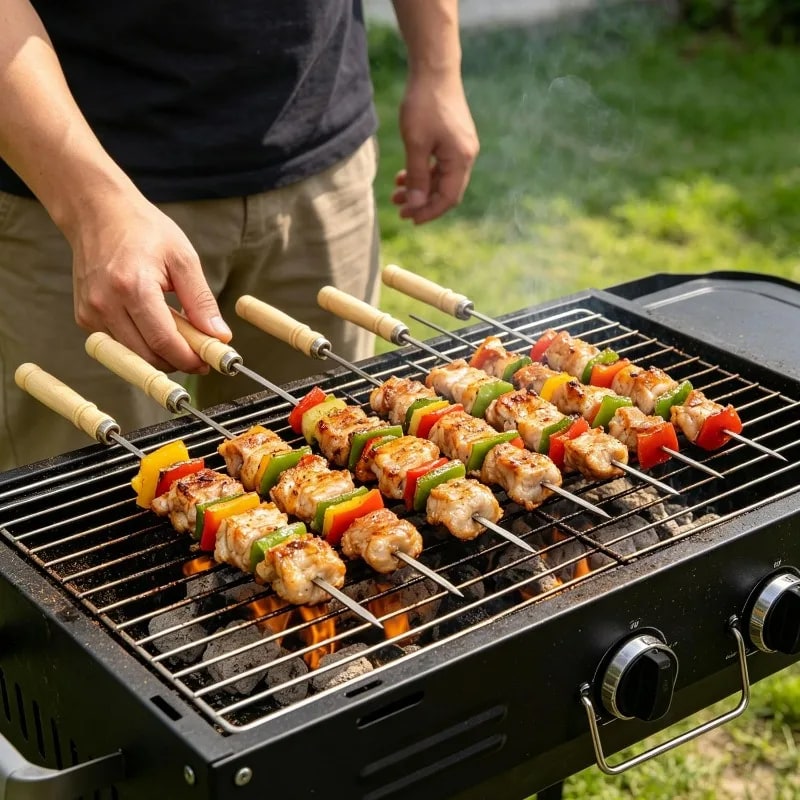 Stainless Steel BBQ Skewers with Natural Wood Handles, 40cm, 10/20/30 Pack