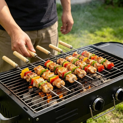 Stainless Steel BBQ Skewers with Natural Wood Handles, 40cm, 10/20/30 Pack