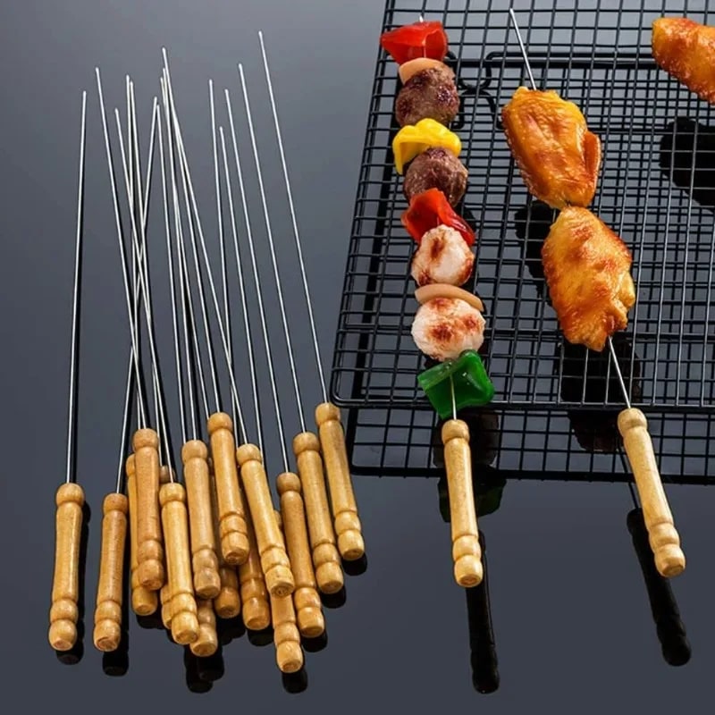 Stainless Steel BBQ Skewers with Natural Wood Handles, 40cm, 10/20/30 Pack