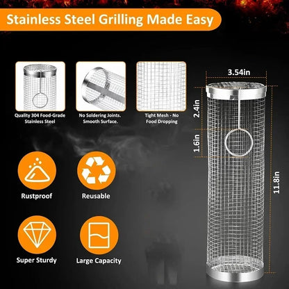 Stainless Steel Rolling Grill Basket Portable Barbecue Cage, S or L