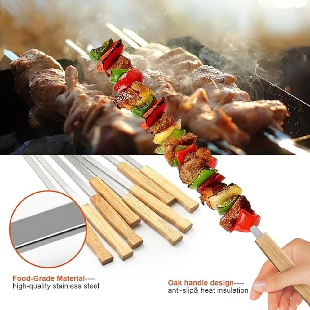 8-Piece Stainless Steel BBQ Skewers with Oak Handles, 44.2cm